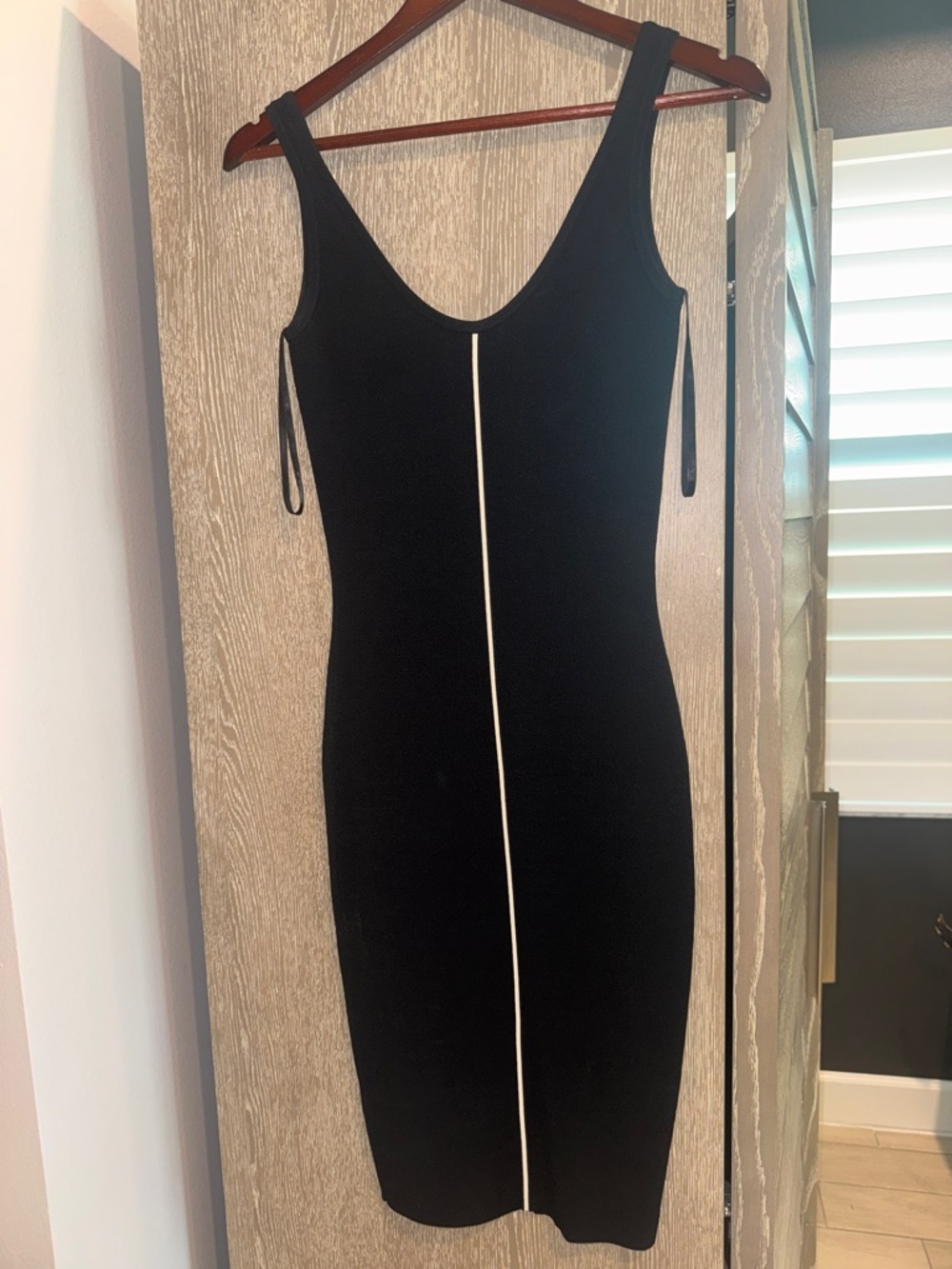 Ronny Kobo Collection Black Midi Bodycon Dress with White Center Stripe